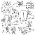 Set cute rabbit cart carrots box bucket and spade butterflies sketch black outline different elements isolated
