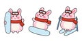 Set of cute rabbit wear scarf and glasses playing snowboard in various poses.Bunny