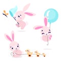 Set of cute rabbits with baloon, butterfly and ducks. Collection of bunny isolated on white background.