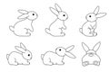 A set of cute rabbits. Black outline on a white background. Festive Easter bunnies. Vector illustration