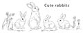 Set with cute rabbits on the grass hand-drawn doodle style, sketch. The hare and the bunnies. Silhouette with a black Royalty Free Stock Photo