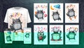 Set cute raccoon poster and merchandising