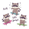 Set of cute raccoons on skateboards. Vector graphics Royalty Free Stock Photo