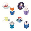 Set of cute reading animals