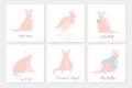 Set of 6 cute ready-to-use gift postcard with adorable mother kangaroo and her child