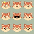 Set of cute red fox face with different emotions in cartoon style. Royalty Free Stock Photo