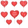 Set of cute red hearts of balloons with congratulations on Valentine`s Day and different patterns. Royalty Free Stock Photo