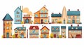 Set of cute residental houses in the neighborhood. Colorful architecture of suburb or village cottages. Generated AI.