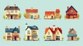 Set of cute residental houses in the neighborhood. Colorful architecture of suburb or village cottages. Generated AI.