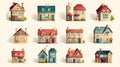 Set of cute residental houses in the neighborhood. Colorful architecture of suburb or village cottages. Generated AI.