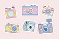 Set of cute retro cameras isolated on blush pink background. Vector illustration, Royalty Free Stock Photo