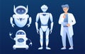 Set of cute robots and cartoon design vector. AI technology and cyber characters. Futuristic technology service and communication