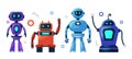 Set of cute robots, chatbots, AI bots characters design vector. AI technology and cyber characters. Futuristic technology service