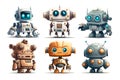 Set of cute robots on white background. Generative AI illustrations of cartoon robots