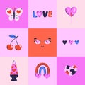 Set of cute romantic groovy illustrations. Seamless pattern or greeting card. Valentine's Day. Love in squares