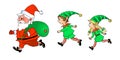 Set of cute running little Christmas Elves and Santa Claus. Vector hand drawn outline color Cartoon characters