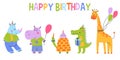 Set cute safari animal. Fun turtle, rhinoceros, hippopotamus, giraffe and crocodile. Happy birthday, greeting card. Royalty Free Stock Photo
