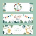 Set of cute safari with giraffe,lion,monkey.Vector illustration for baby invitation, kid birthday invitation,banner and postcard Royalty Free Stock Photo