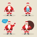 Set of cute Santa clauses in different poses. Santa with the bag, with gift, waving his hand. Modern flat design. Vector