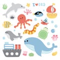 Set of cute sea animals character cartoon design.Ship and boat.Dolphin Royalty Free Stock Photo