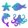 Set of cute sea animals. Series of marine animals in color on a white background. Collection of fish and sea animals