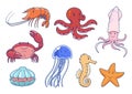 Set of cute sea animals. Vector illustration.