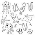 Set of cute sea creatures for baby coloring book, adorable kawaii cartoon drawn ocean animals, editable black and white Royalty Free Stock Photo