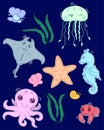 Set of cute sea creatures, kawaii cartoon drawn ocean animals, baby editable vector illustration Royalty Free Stock Photo