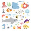 Set of cute sea life animals character cartoon design.Submarine.Shark Royalty Free Stock Photo