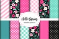 Set of cute seamless Hello Spring patterns with primitive flowers, polka dots, stripes and plaid