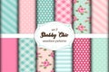 Set of 12 cute seamless Shabby Chic patterns with roses, polka dots. stripes and plaid Royalty Free Stock Photo