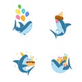 Set Cute Shark Character with Balloon, Eating Ice Cream, Blow Candles on Cake and Carry Gifts Isolated