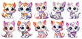 set of cute shining, glitter kitten on transparent background, png, generated ai