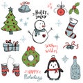 Set of cute and simple hand drawn Christmas elements Royalty Free Stock Photo