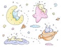 Cute rabbits and sky objects, vector tender set for nurcery Royalty Free Stock Photo