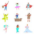 Set of cute smiling boys and girls in colorful party costumes. Vector illustration in flat cartoon style.