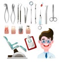 Set of cute, smiling dentist with his modern steel tool