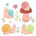 Set of cute snails and flowers isolated on white background. Vector graphics Royalty Free Stock Photo