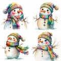 Set of cute snowmans, celebration postcard, winter Christmas watercolor painting, isolated characters