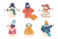 Set of Cute Snowmen Characters, Funny Winter New Year and Christmas Personages Holding Snowboard, Candy Cane Royalty Free Stock Photo