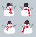 Set of cute snowmen. Four different snowmen in beautiful winter clothes Royalty Free Stock Photo