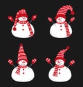 Set of cute snowmen. Four different snowmen in beautiful winter red clothes Royalty Free Stock Photo