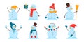 Set of cute snowmen isolated on a white background. Vector illustration in flat style