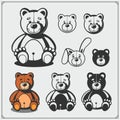 Set of cute soft plush animal toys. Teddy and rabbit. Vector.