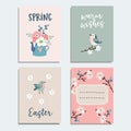 Set of cute spring, Easter greeting cards, invitations with flowers, cherry blossoms, birds and tea pot. Isolated vector Royalty Free Stock Photo