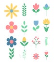 set of cute spring flowers and leaves in flat style on white. Kids style. vector Royalty Free Stock Photo