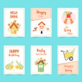 Set of cute spring greeting cards with houses, a letter, birds, a garden cart. Vector illustration.