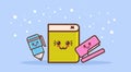 Set cute stapler book and pen cartoon comic characters with smiling faces happy emoji kawaii style back to school