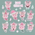 Set of 10 cute stickers pigs with emotions