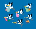 Set of cute storks with newborn. Cartoon funny birds and animal characters on isolated background. Icons for design of Royalty Free Stock Photo